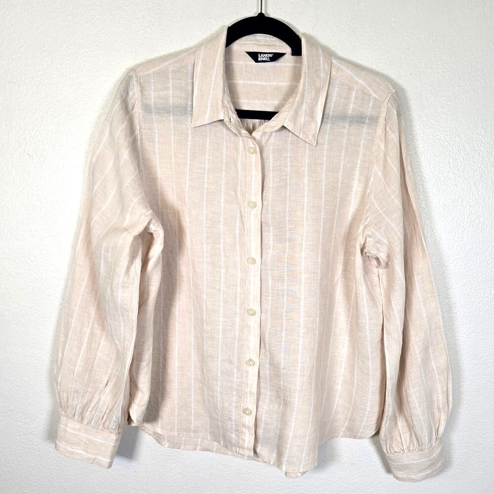 Lands' End Linen Button Up Shirt Women's MP Champagne Stripe Coastal Casual